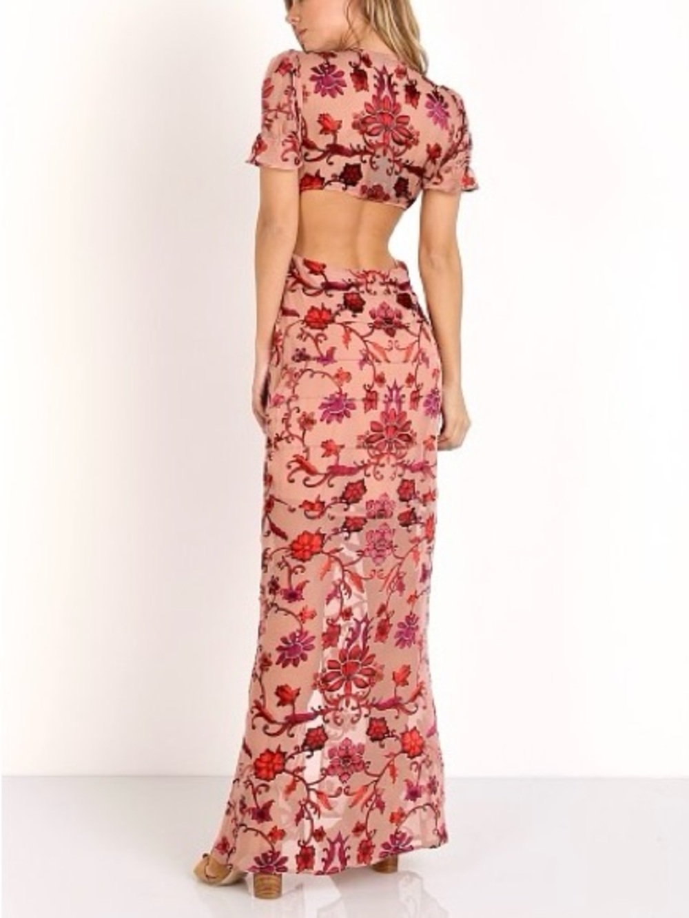 For Love & Lemons Saffron Pink Floral V-Neck High-Slit Maxi Dress - Picture 4 of 9